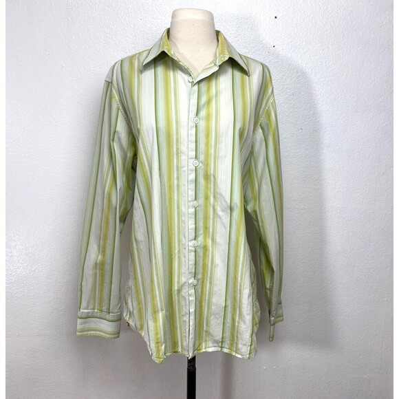 INC International Concepts Woman Shirt Blouse Large Green Stripes Cotton Western - Picture 1 of 9